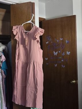 Women's Rose Pink Midi Dress with Ruffle Sleeves